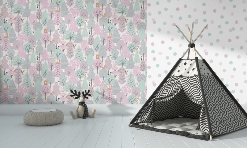 3D rendering of the interior of a modern kids bedroom with a tee