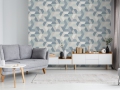 Grey settee near white cupboard in minimal living room interior
